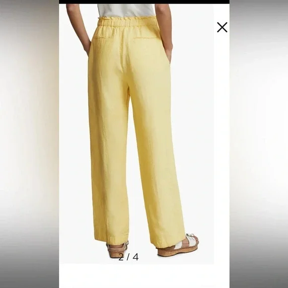 POLO RALPH LAUREN HIGH-WAISTED WIDE-LEG LINEN PANTS IN YELLOW Sz : L